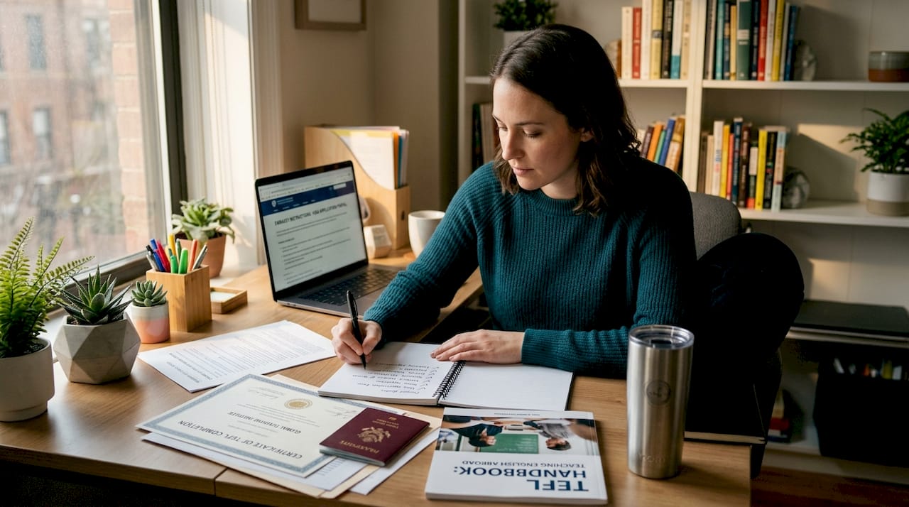 Teacher organizing documents for overseas job