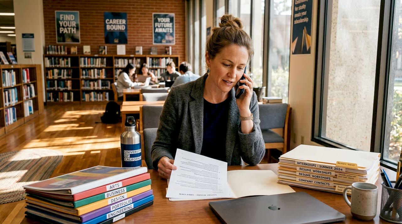 Career counselor reviewing student resume in office