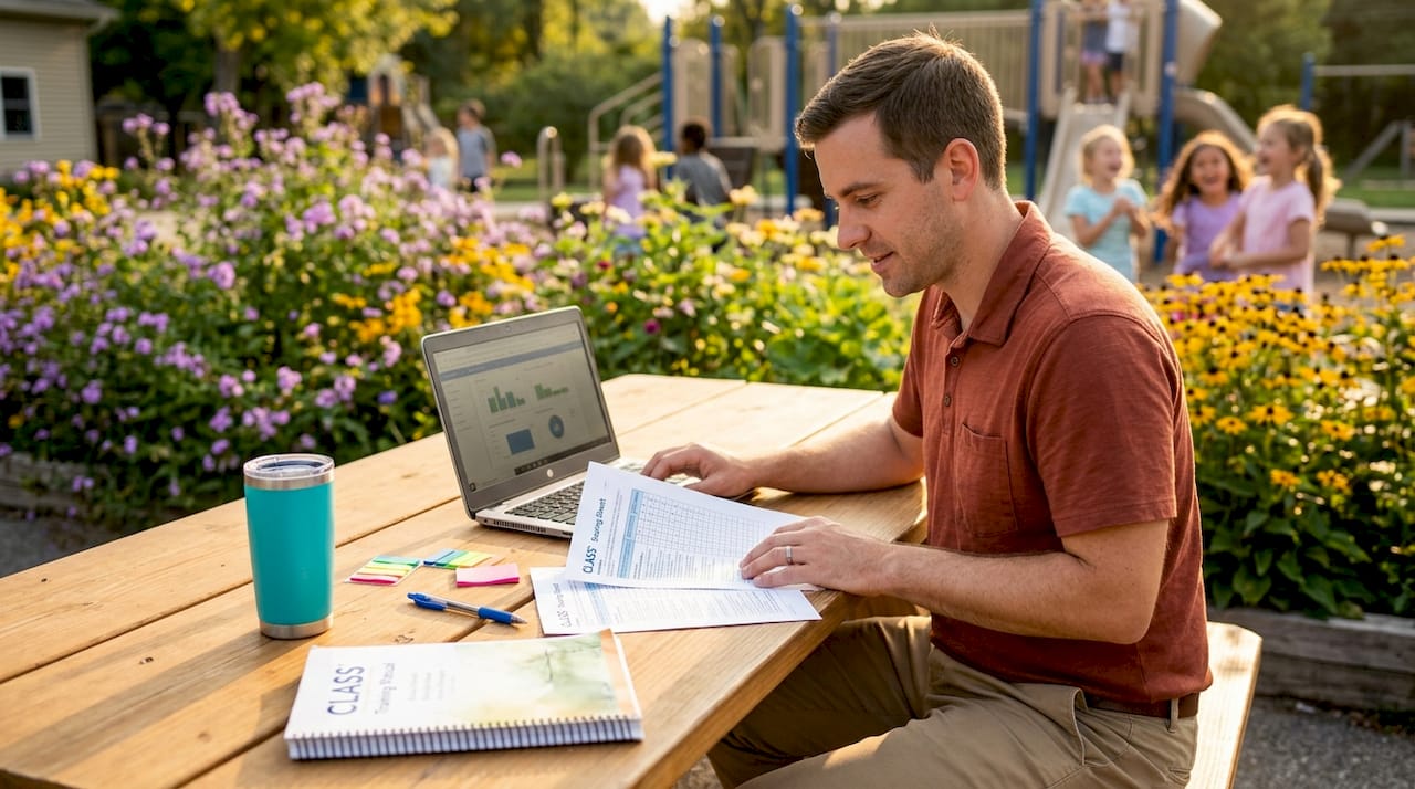Teacher reviewing CLASS scoring documents staff room
