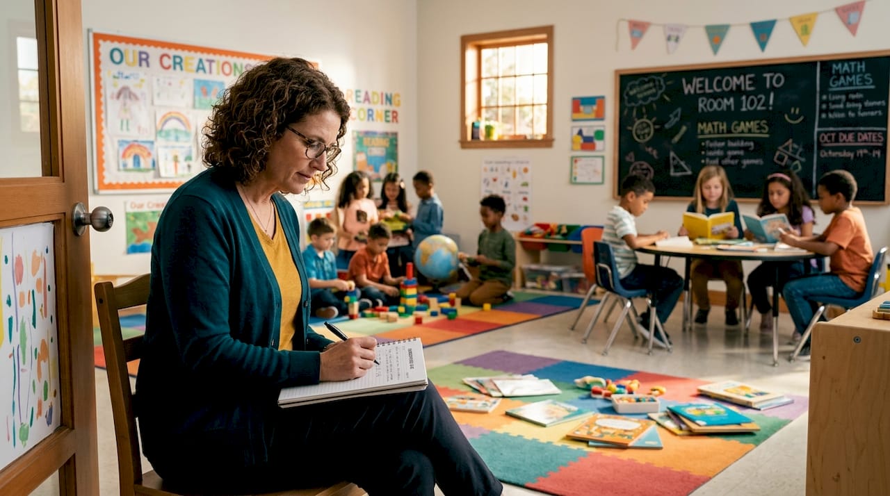 Educator jotting notes in active classroom