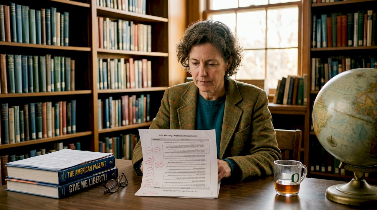 Teacher reviewing annotated lesson plan in classroom