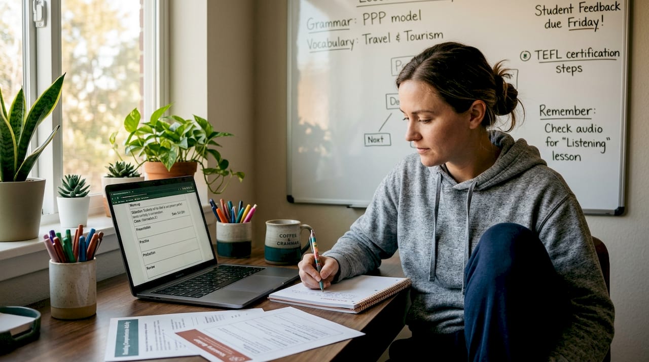 TEFL teacher planning lessons at cluttered table
