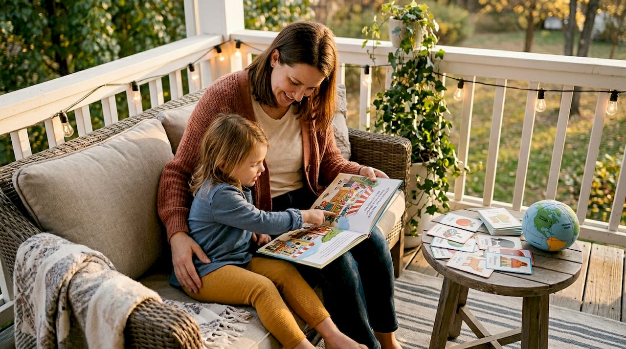 Parent and child reading language book together