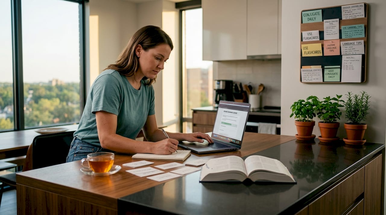 Person studying language proficiency at kitchen table