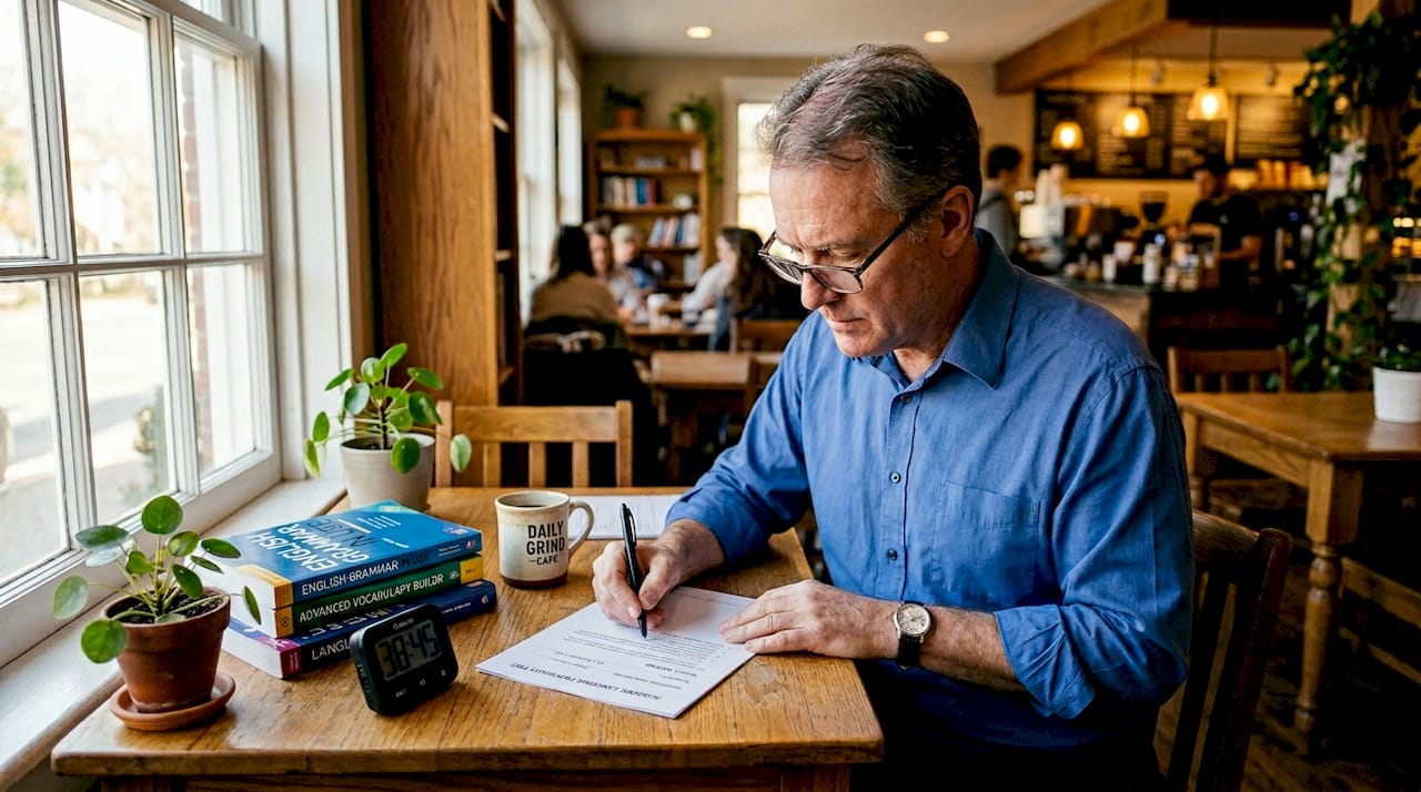 Person writing language proficiency test at desk