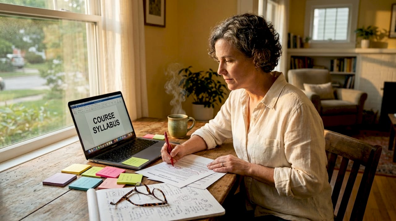 Educator reviewing syllabus documents at desk