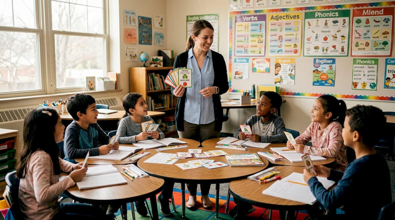 Teacher leading ESL classroom game with children