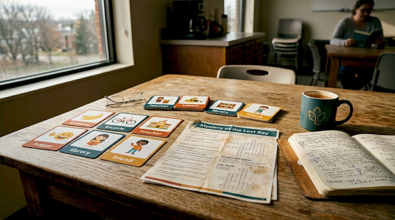 Printed ESL game printables spread on table