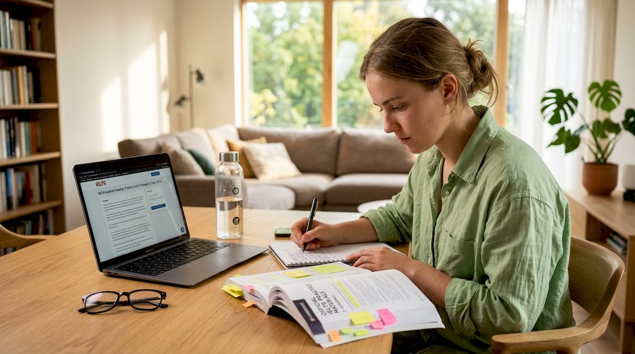 Student studying IELTS exam tips at desk