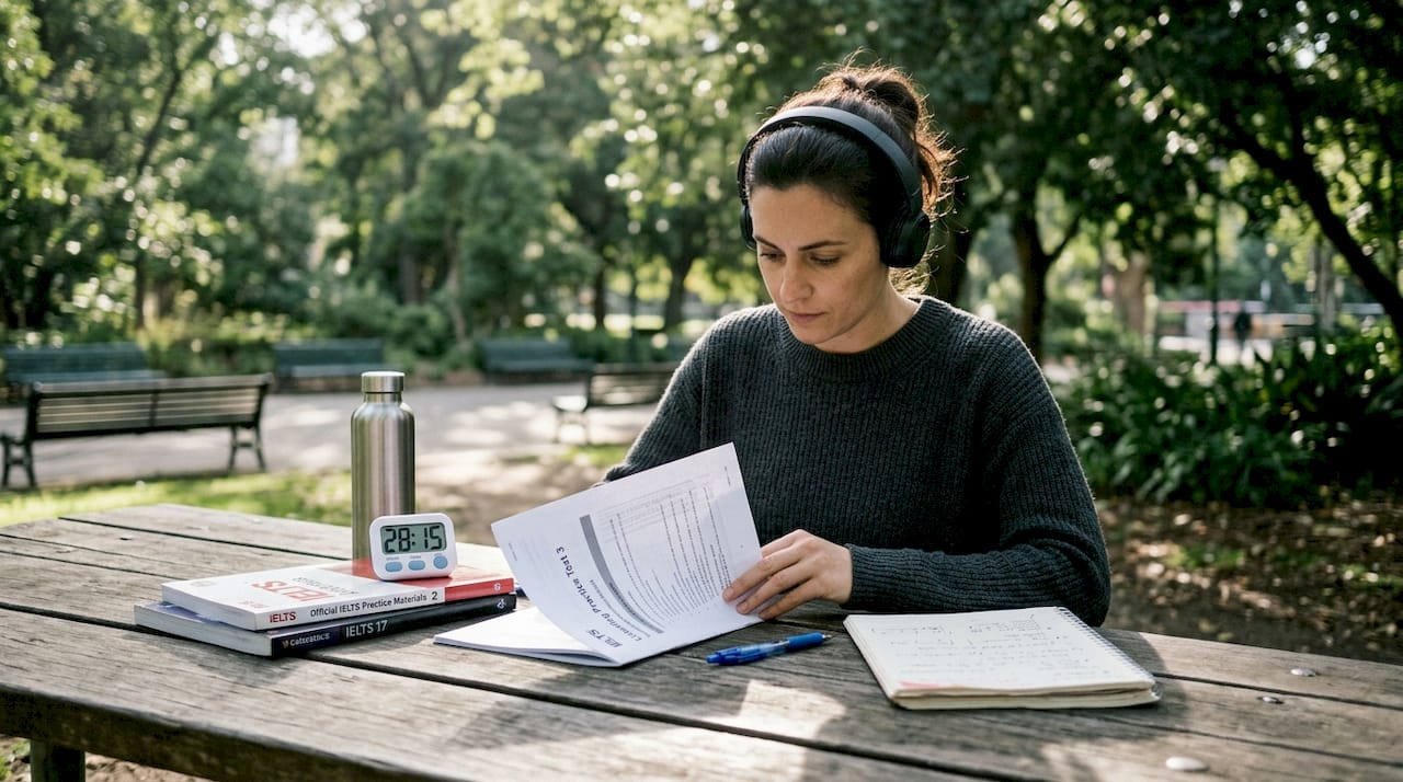 Person practicing IELTS Listening section with headphones