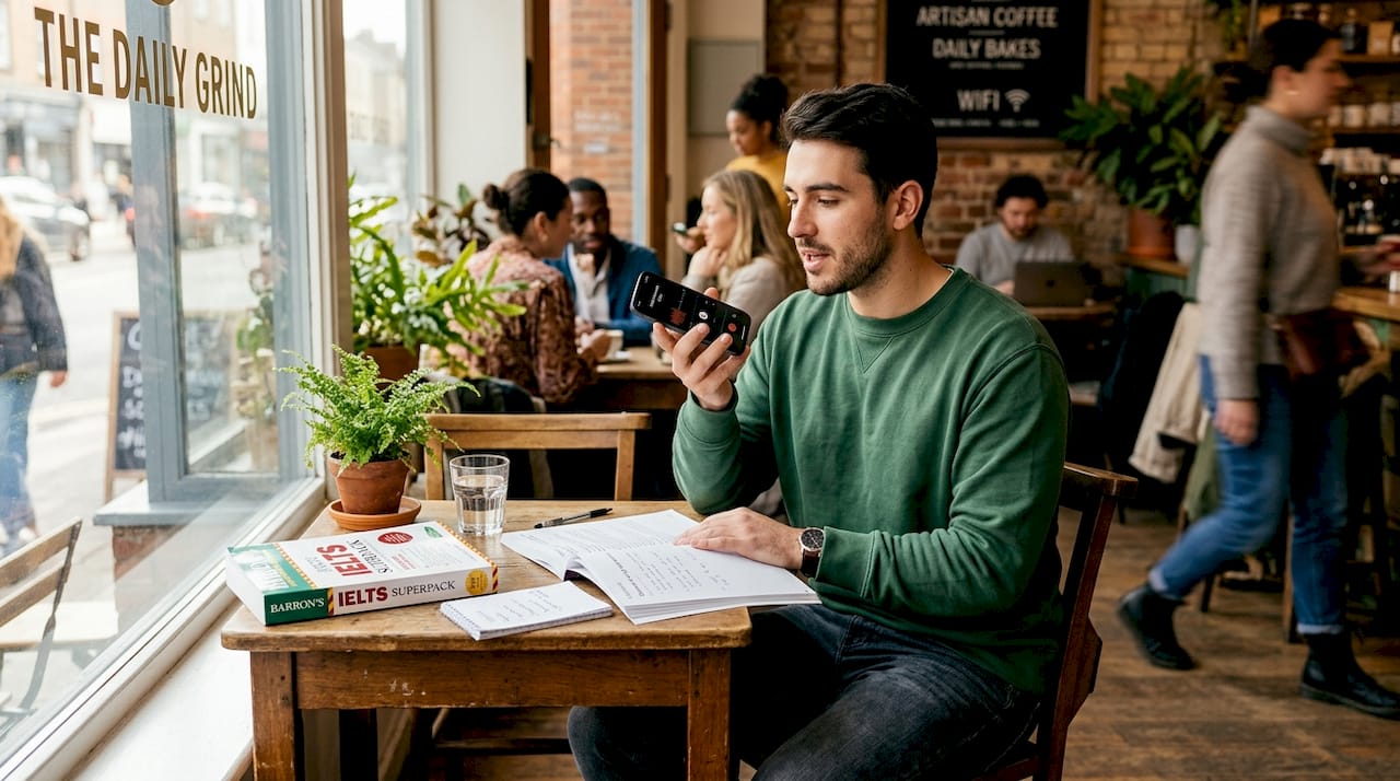 Student practicing IELTS speaking at desk