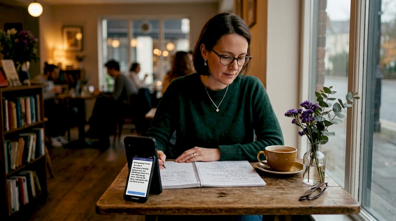 Woman practicing IELTS speaking notes at table