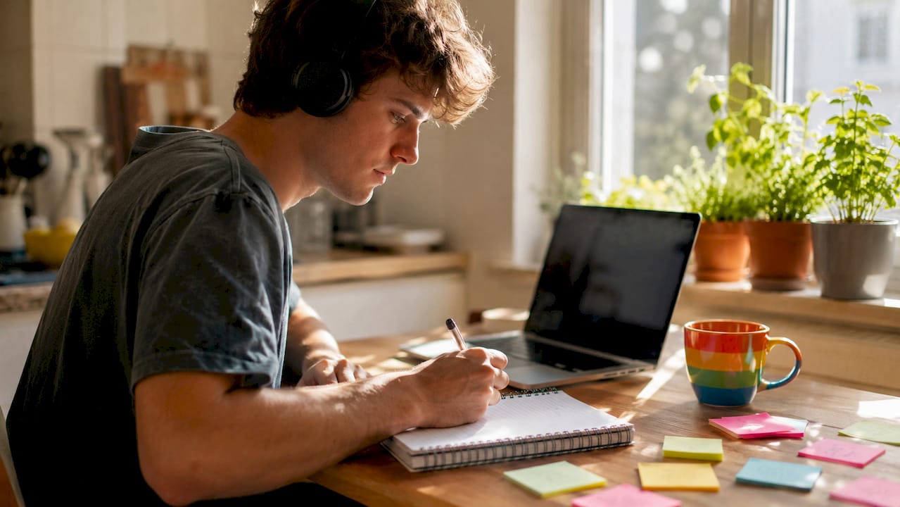 Student engaged in hybrid learning at home desk