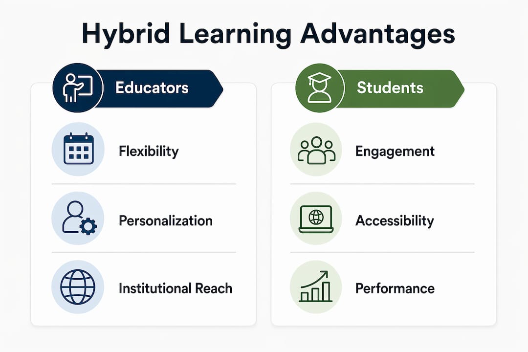 Infographic comparing hybrid learning benefits for educators and students
