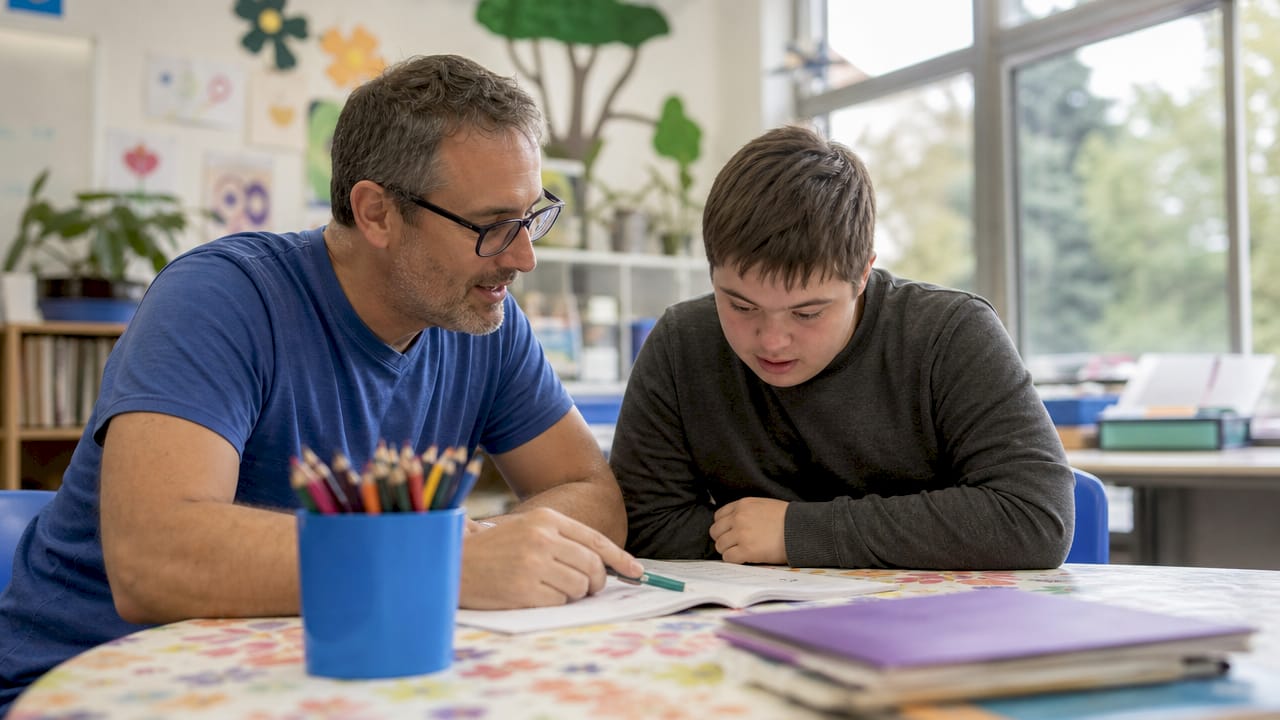 Teaching assistant providing one-on-one support to special needs student