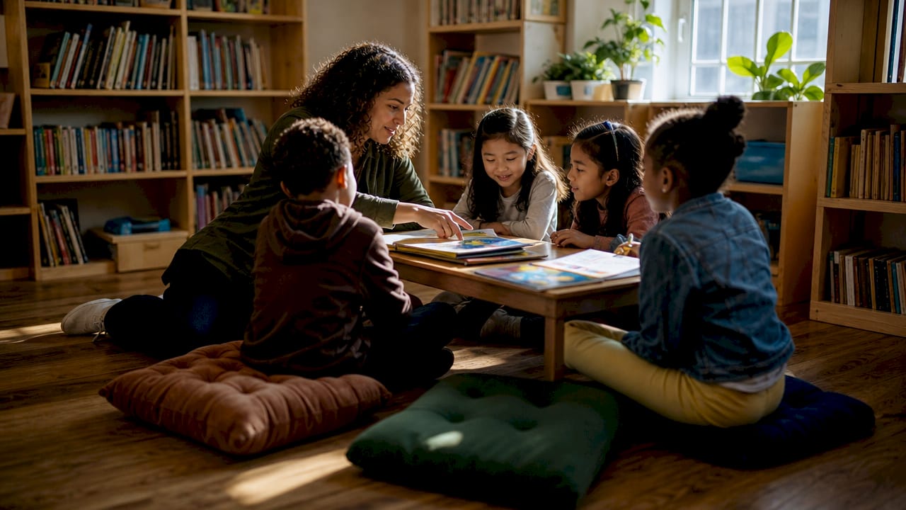 Teaching assistant helping young students in classroom
