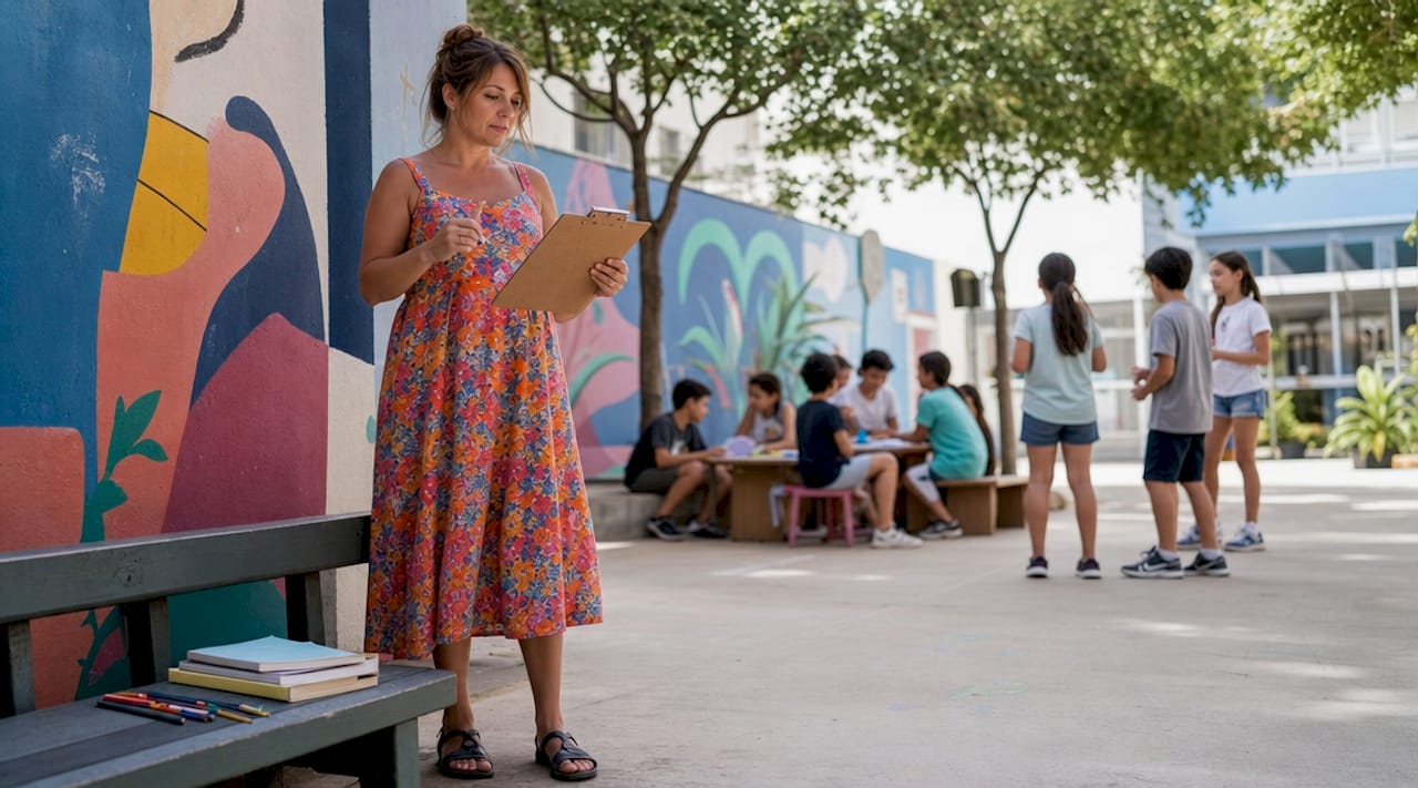 Teacher reflecting mid-lesson with clipboard in classroom