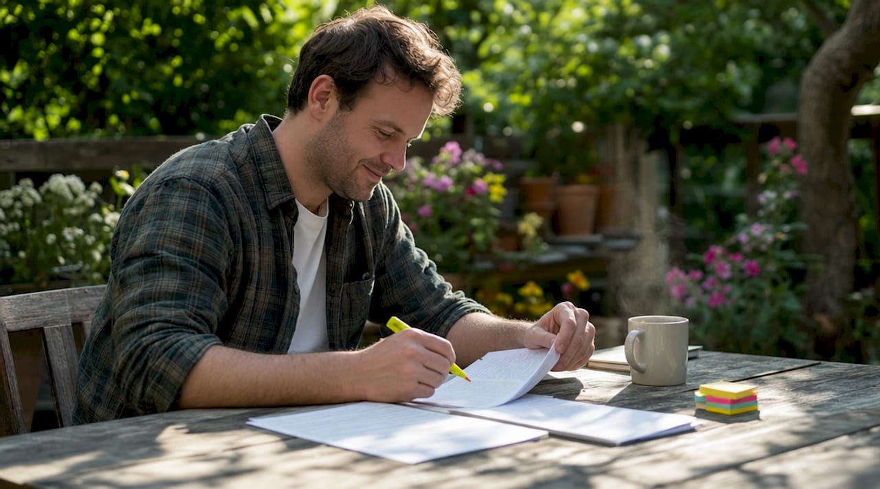 Teacher reviewing lesson notes at desk