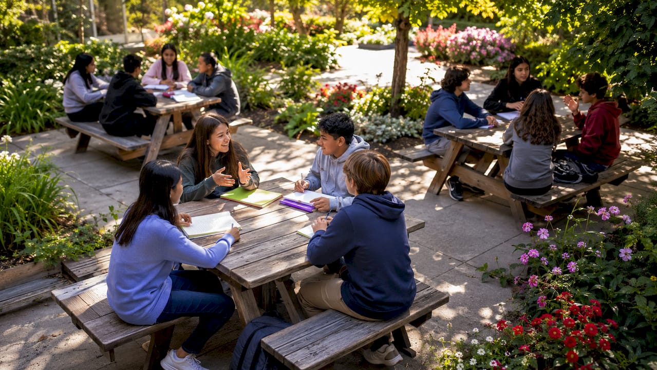 Classroom showing multiple peer teaching groups