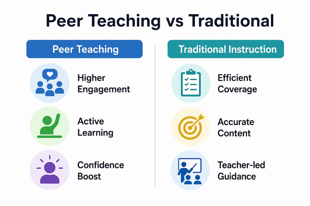 Infographic comparing peer teaching and traditional instruction benefits