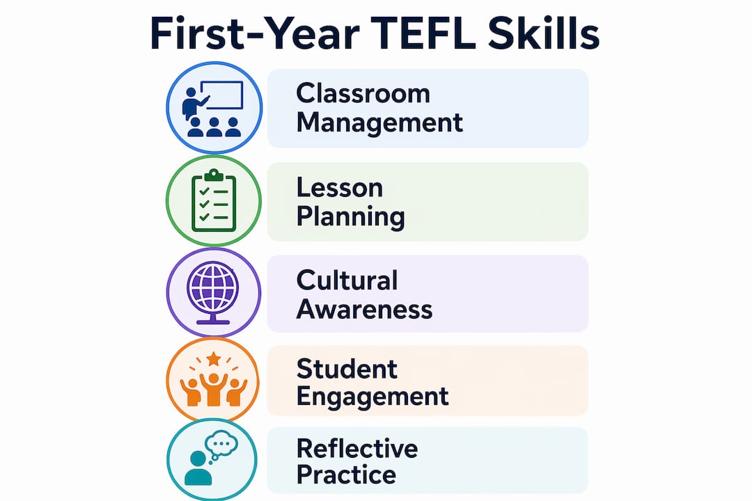 Infographic showing first-year TEFL teacher core skills