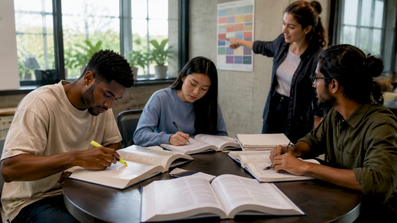Students practicing grammar translation in classroom