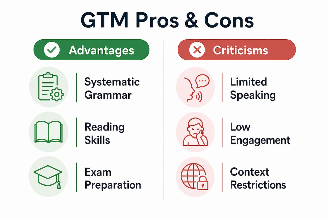 Infographic comparing advantages and criticisms of Grammar Translation Method