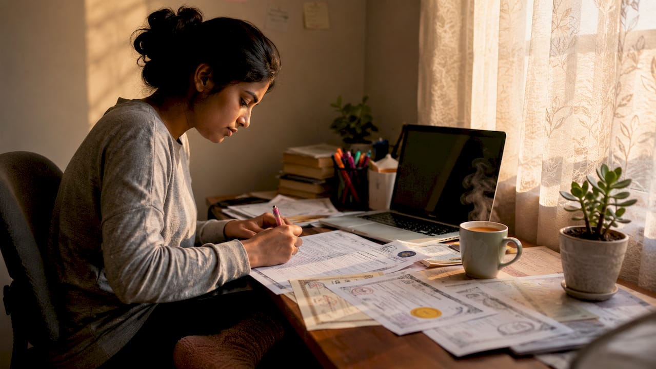 Woman preparing TEFL CV at kitchen table