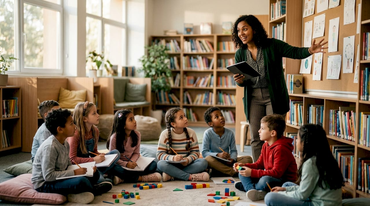 Teacher guiding diverse students in classroom
