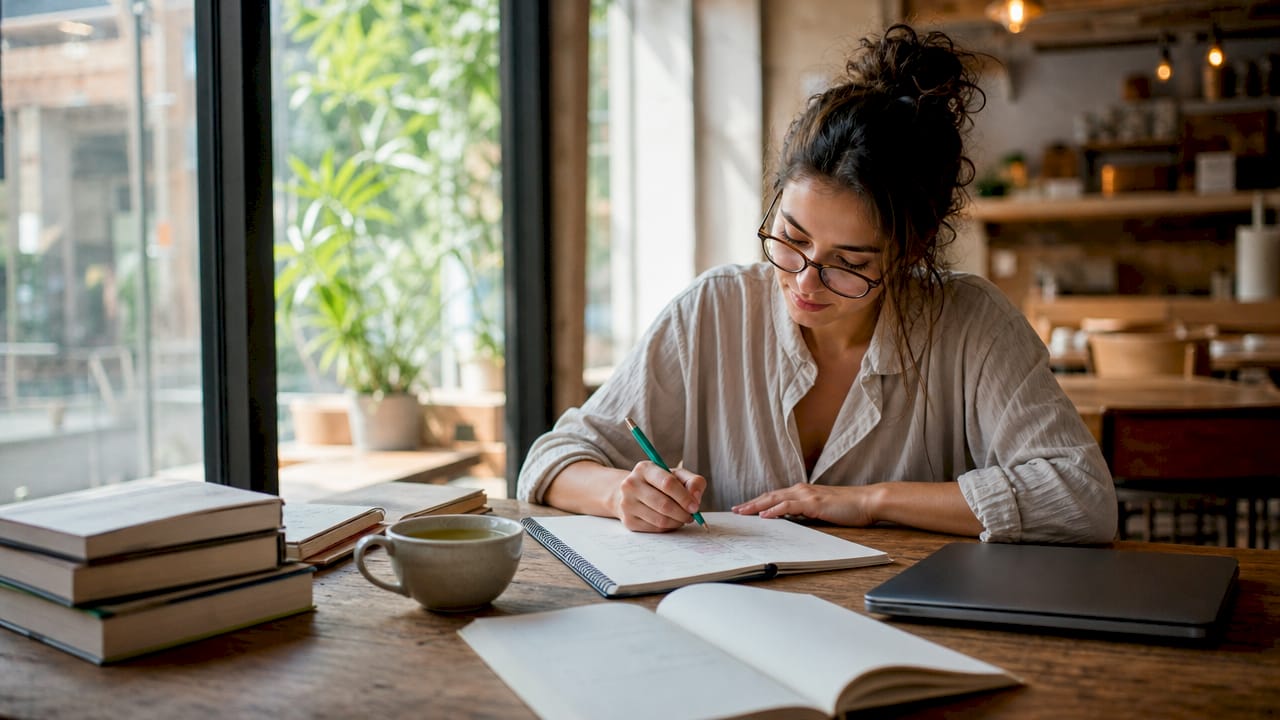 Woman planning IELTS essay at home desk