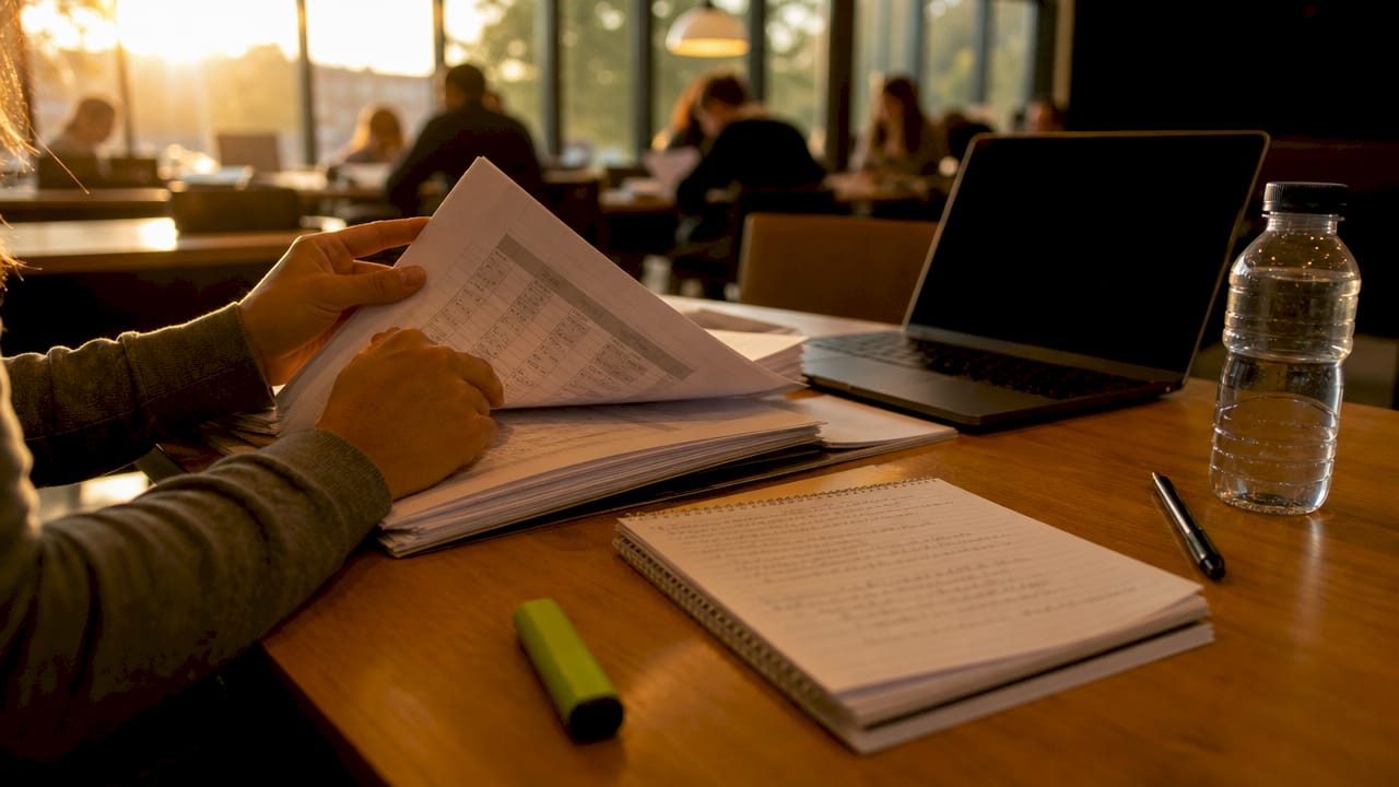 Overhead view of IELTS writing study materials