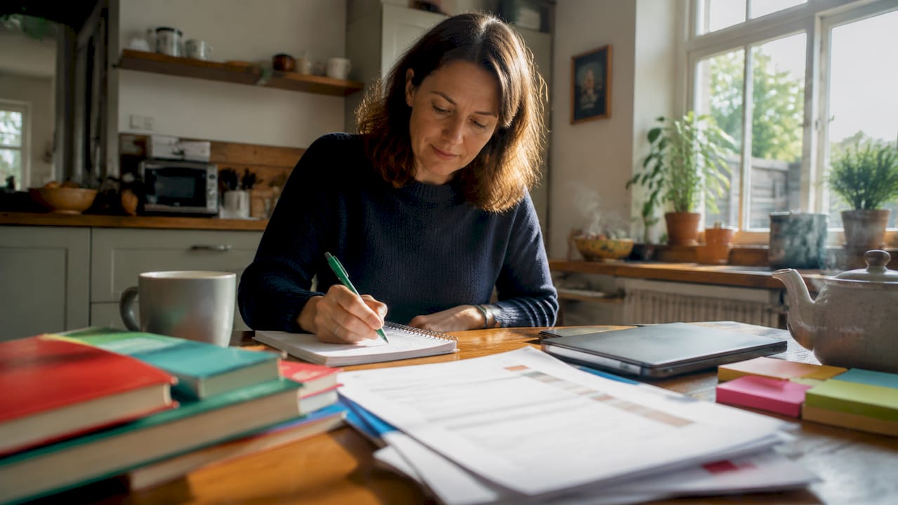 TEFL educator planning lessons at desk in home office