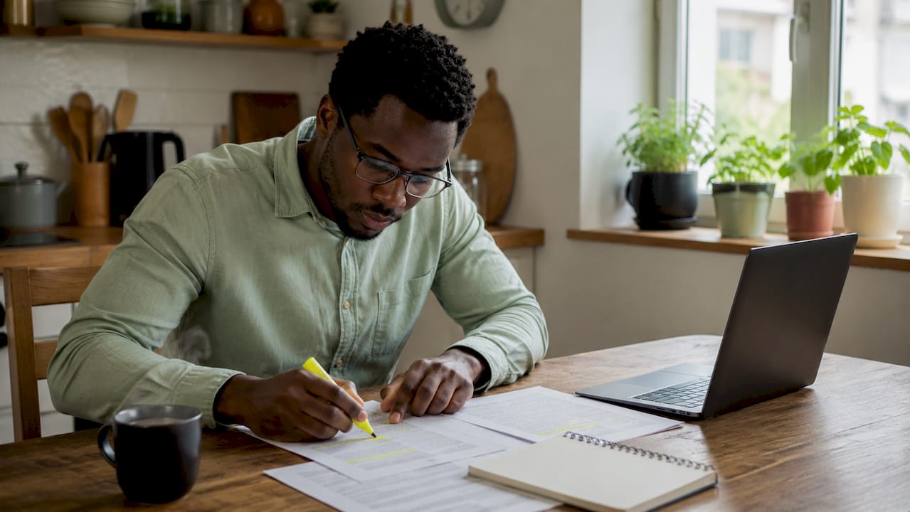 TEFL teacher reviewing negotiation notes at home desk