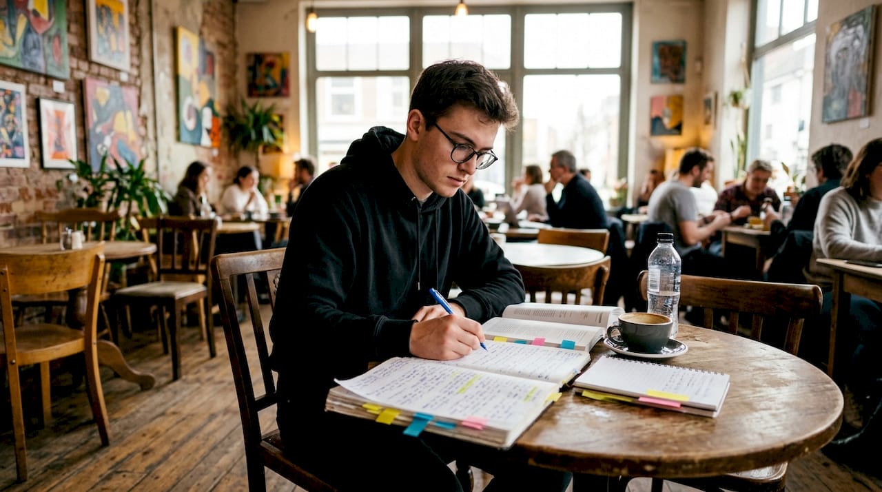 Focused student studying with books and notes