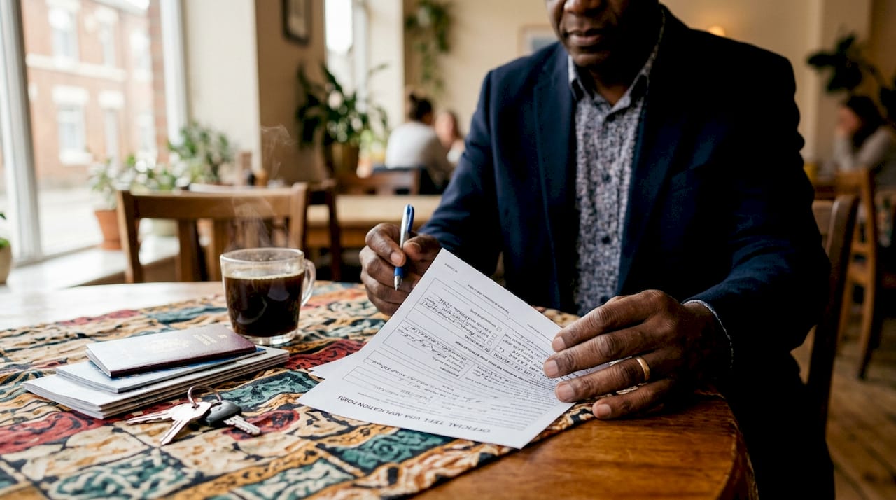 Overhead view of hands preparing TEFL visa paperwork