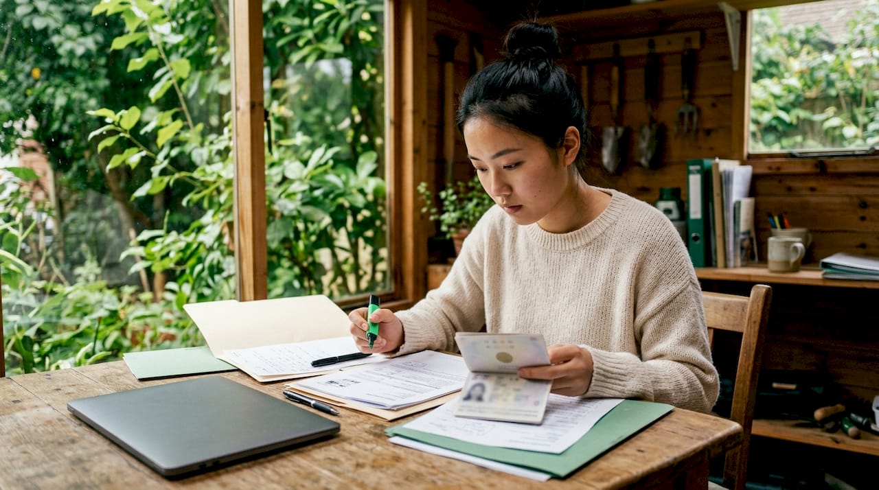 Woman reviewing TEFL visa documents at home