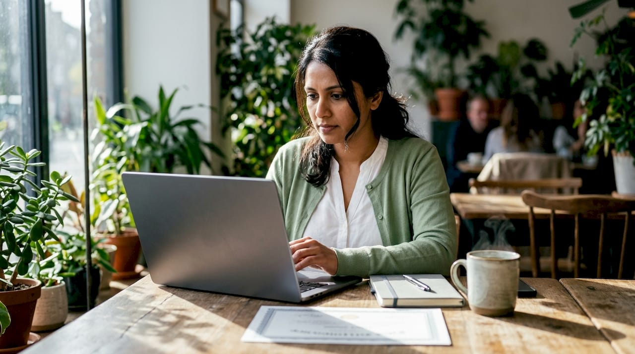 Woman working on laptop reviewing micro-credentials
