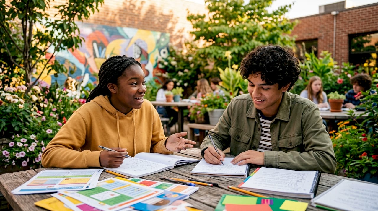 Diverse teens engaged in ESL reading game