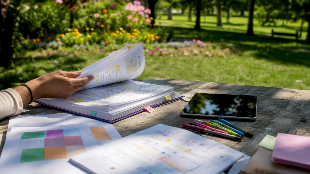 Overhead view of assessment materials on table