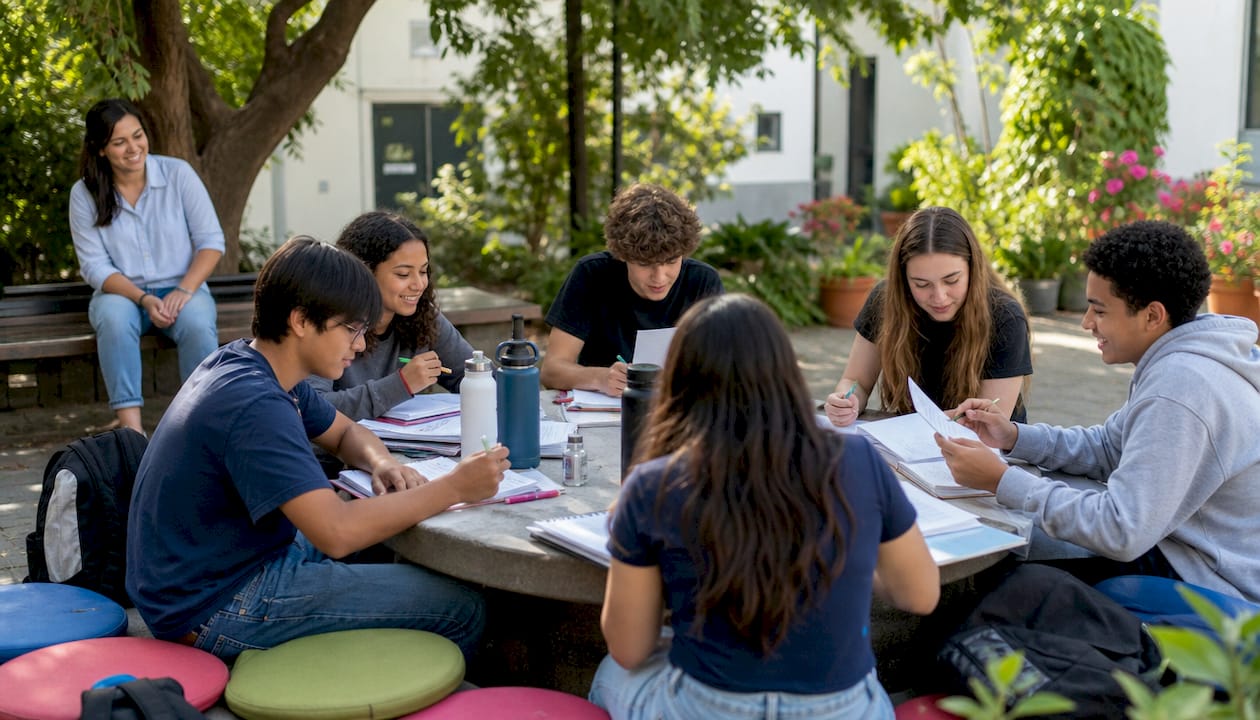 Students engaged in peer assessment discussion