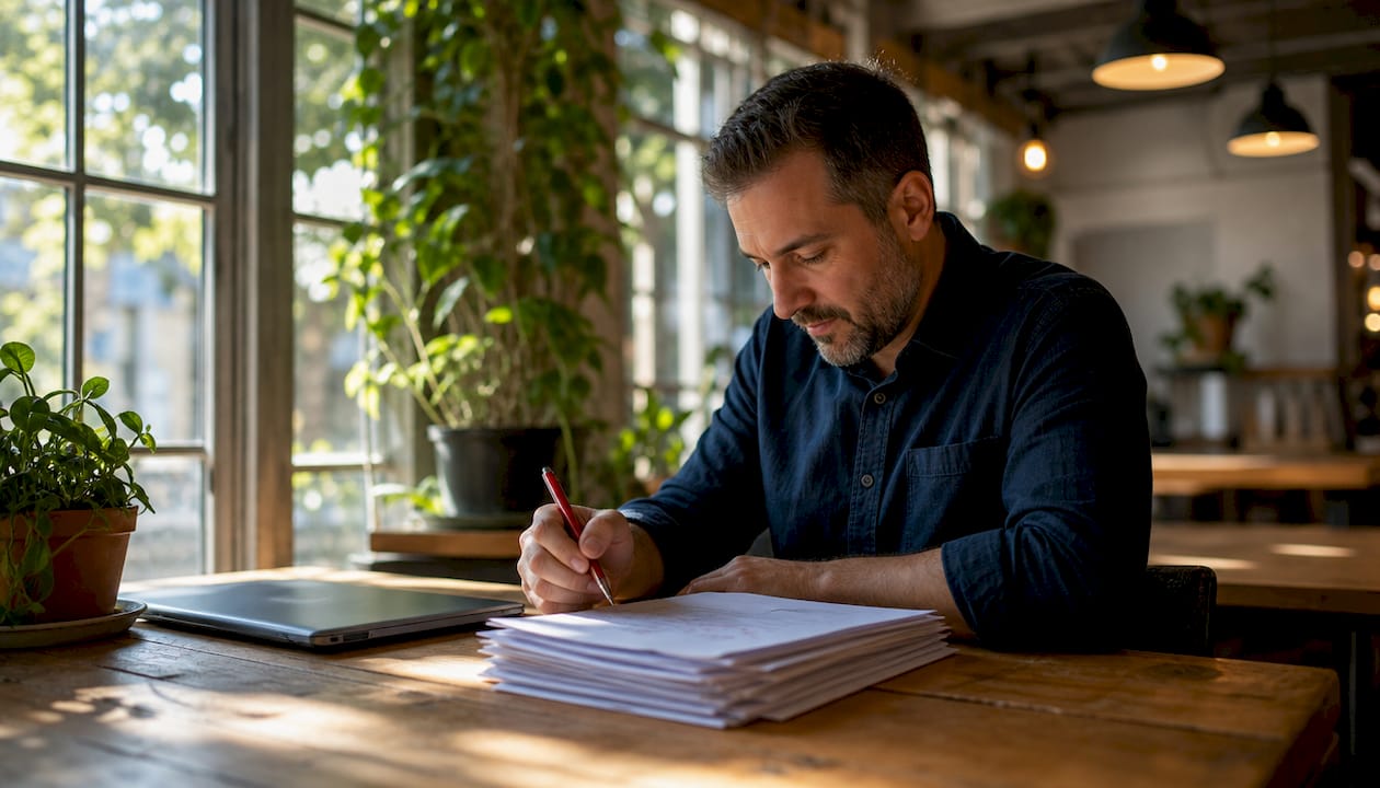 Teacher grading student work at desk