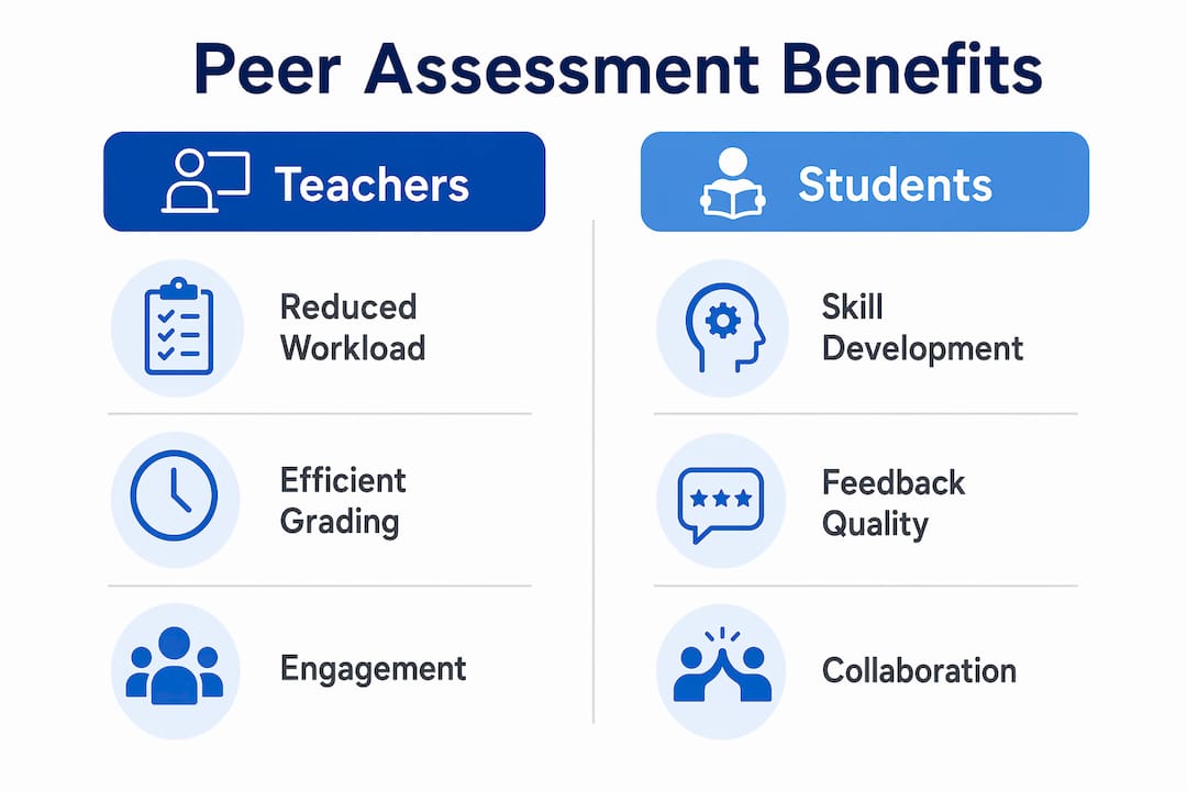 Infographic comparing peer assessment benefits for teachers and students