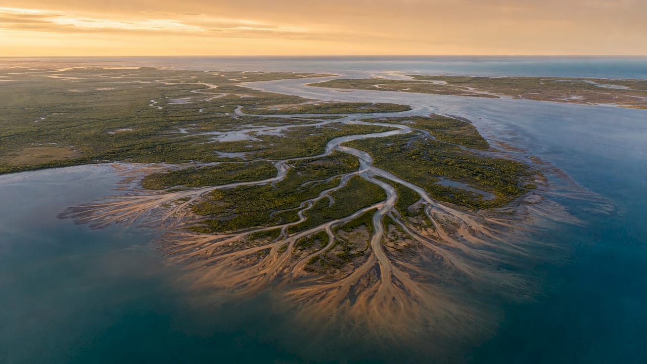 Aerial view of triangular river delta landform