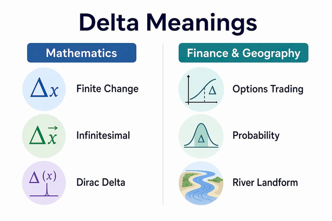 Infographic comparing delta meanings in math and finance geography