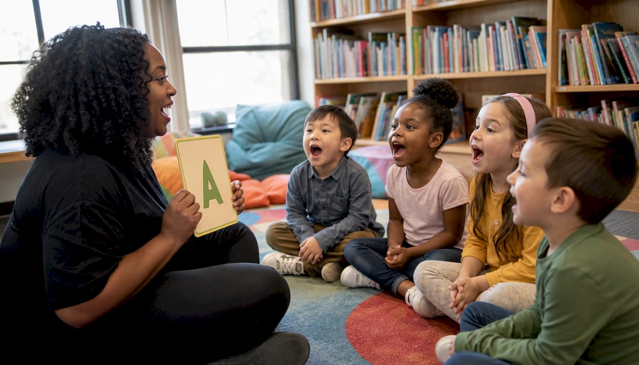 Teacher leading small group phonics lesson with children