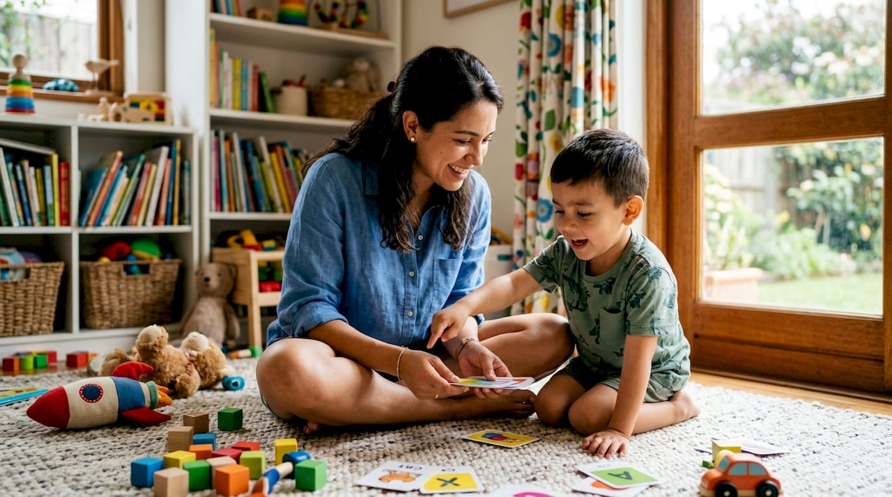 Mother teaching phonics to young son at home