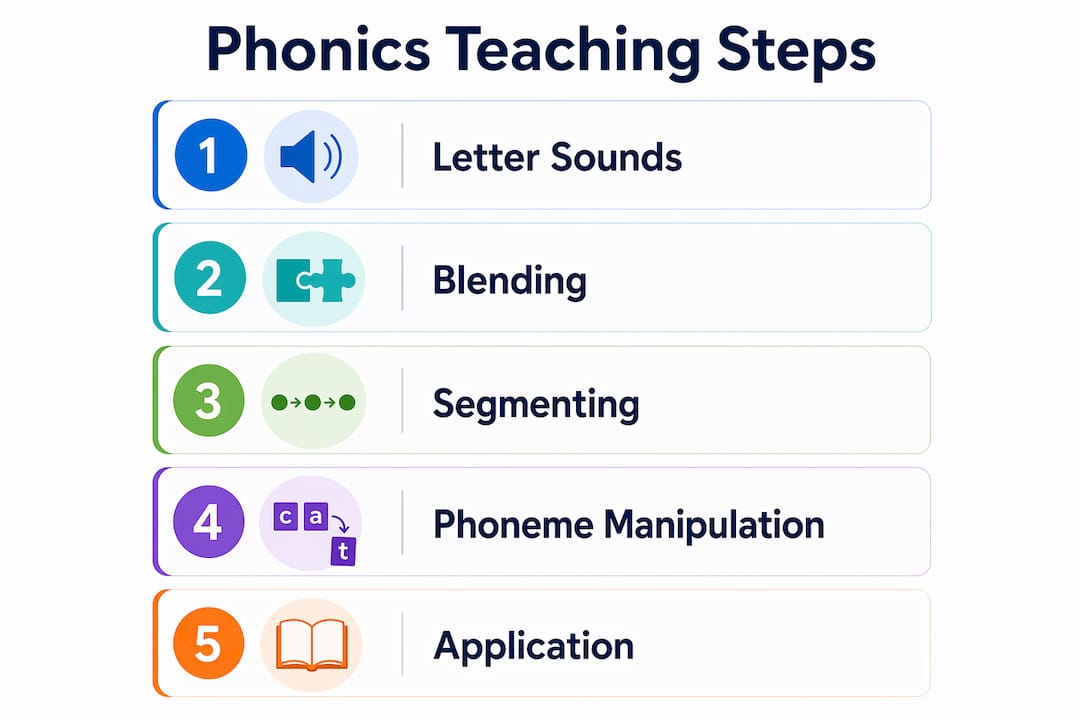 Infographic illustrating phonics teaching method steps