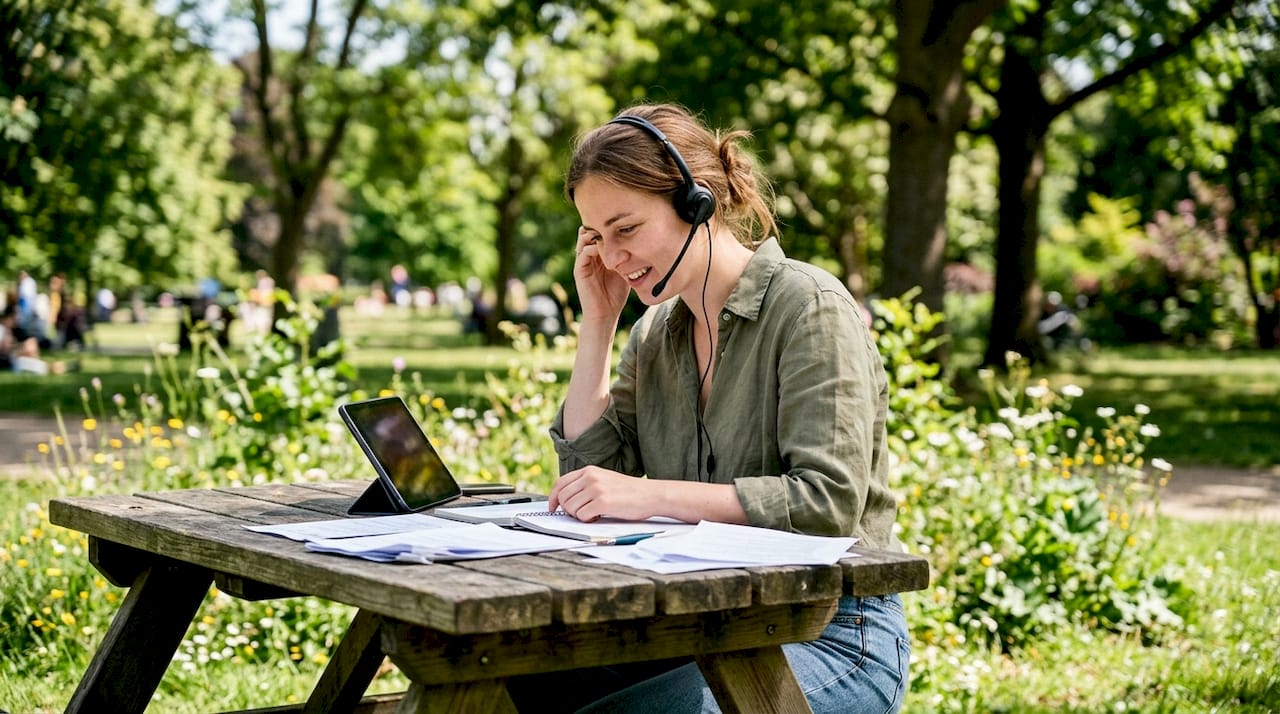 Teacher preparing online English teaching setup