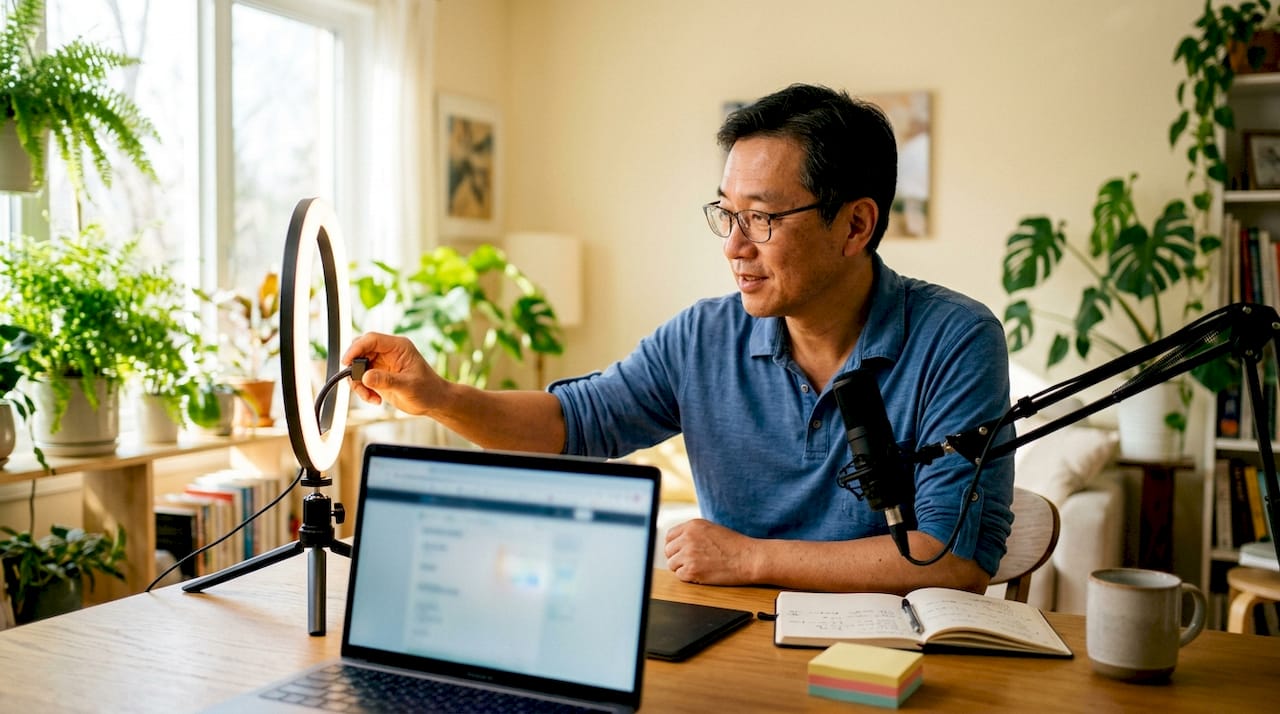 Man adjusting ring light for online teaching