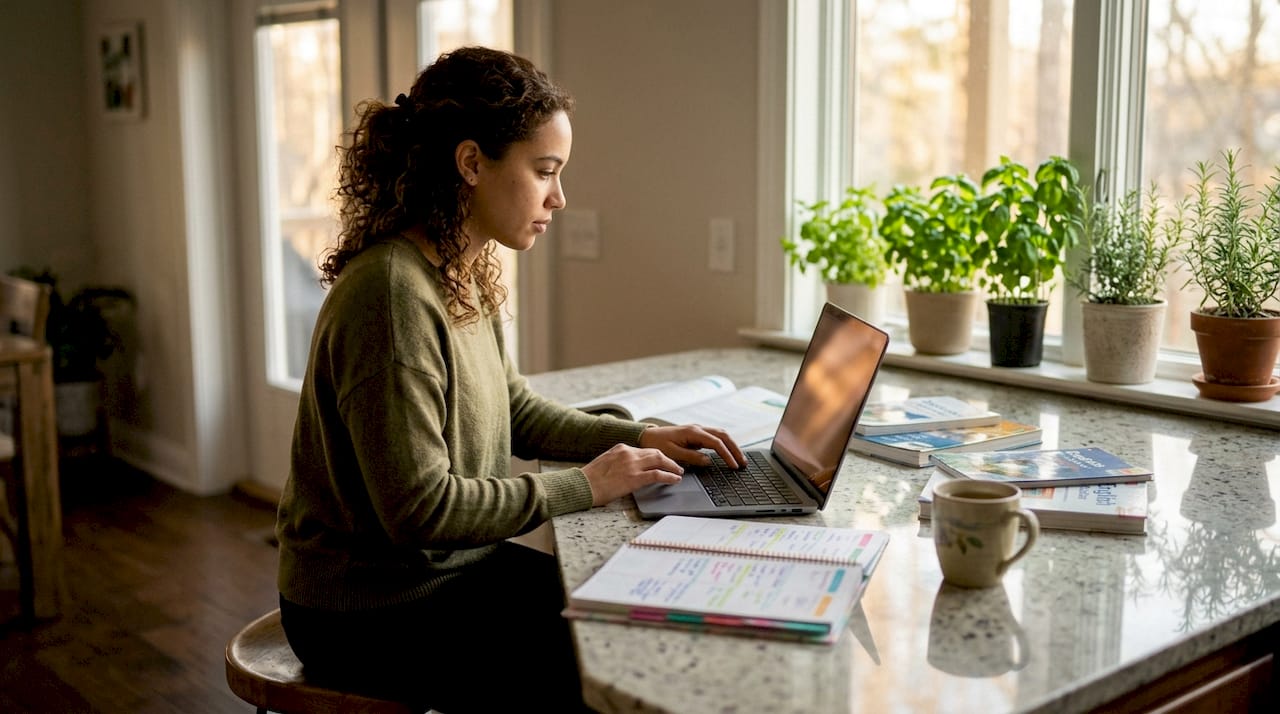 Woman preparing TEFL lesson at home desk